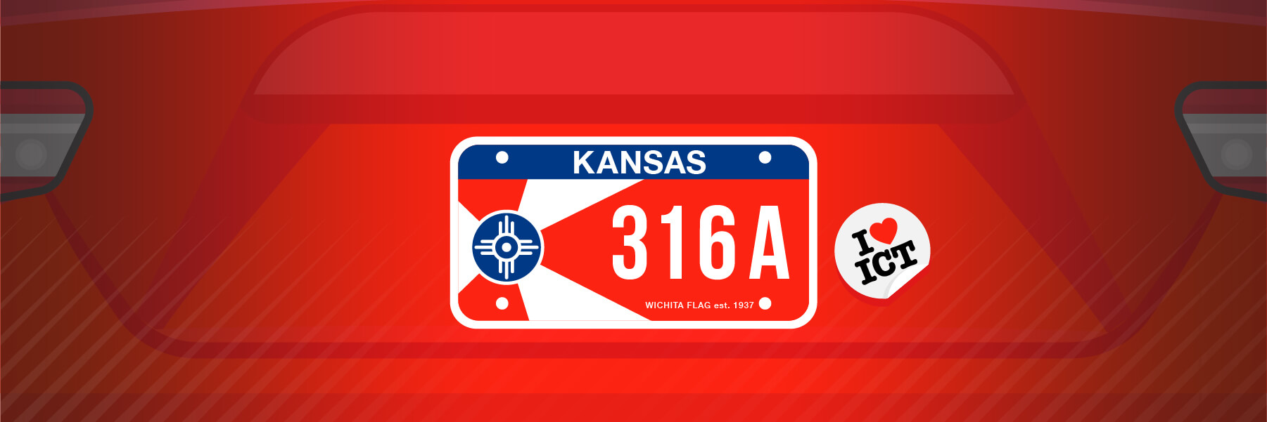 Illustration of a Wichita Flag Tag on a red car, with an I "heart" ICT sticker.